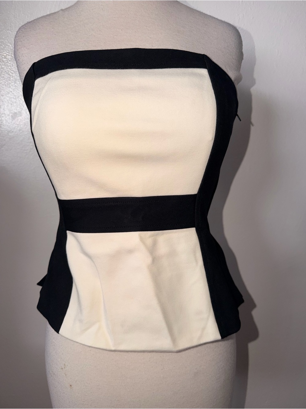 White House Black Market Black and Cream Strapless Peplum Top